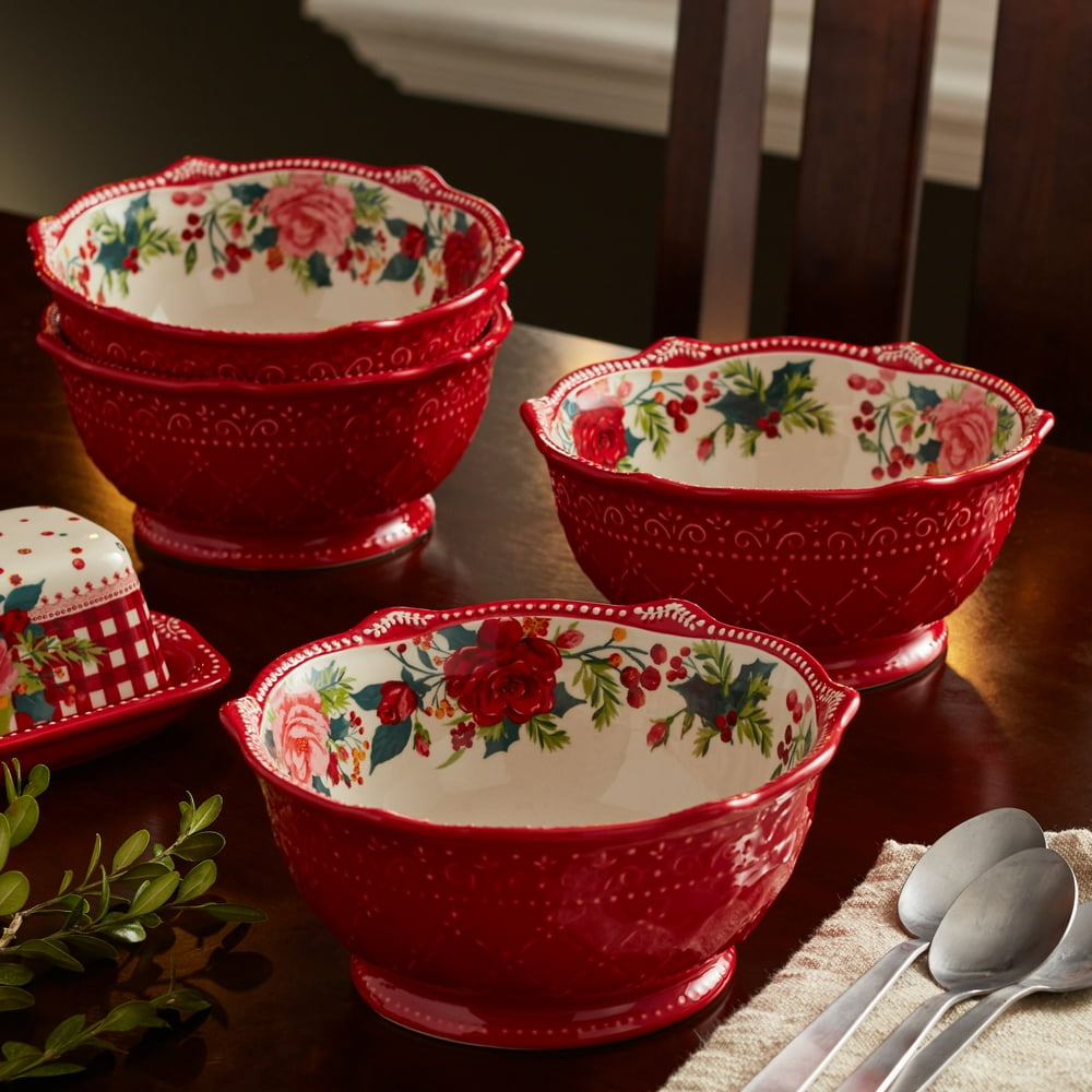 The Pioneer Woman Cheerful Rose Red 7.1Inch Footed Bowl, Set of 4