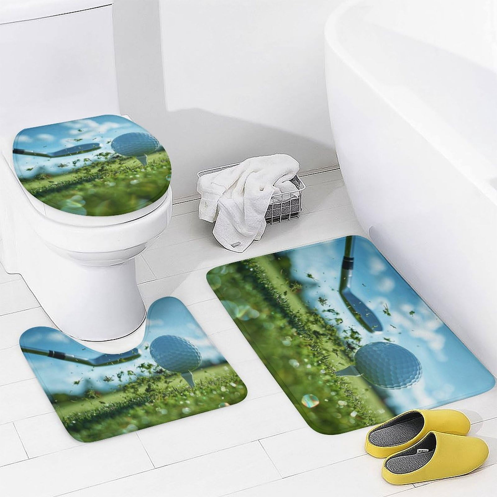 4Pcs Funny Golf Sport Shower Curtain Sets, Bathroom Decor Set with Rugs, Bath Mat Woodland Grassland Golf Ball Shower Curtain, 72 X 72 Inch