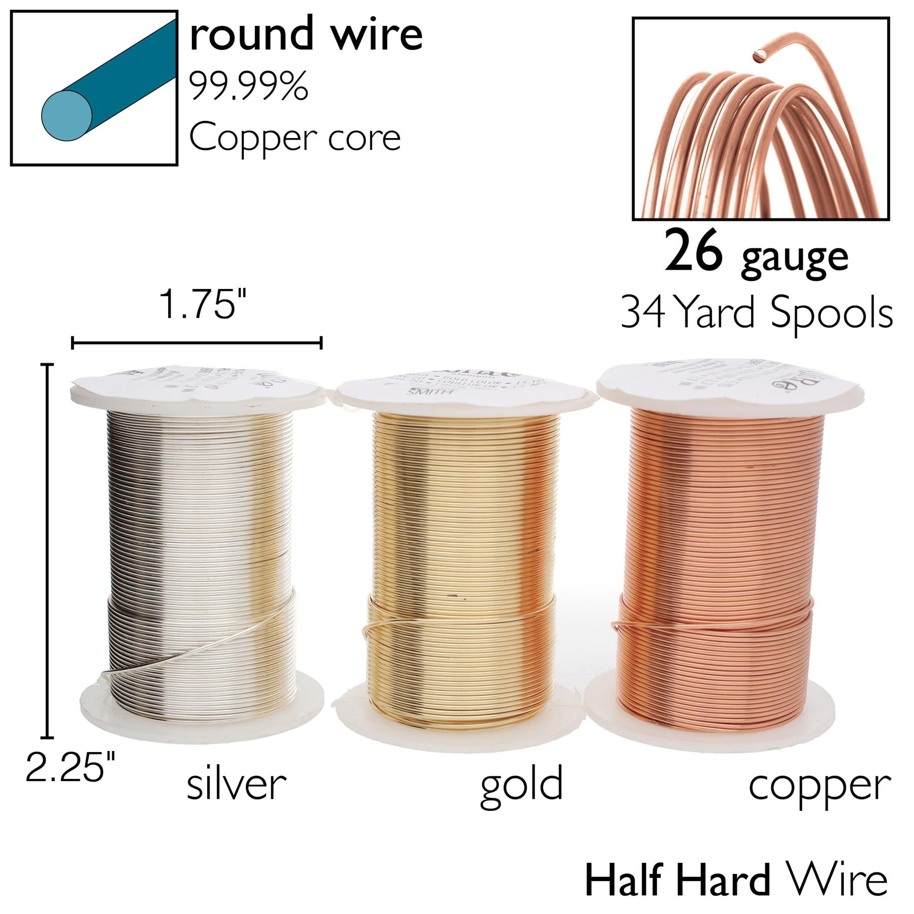The Beadsmith Wire Elements 26-Gauge Lacquered Tarnish-Resistant Copper Wire for Jewelry Making, 4-34 Yard, 31.09 Meter Spools (Gold, Silver, & Copper Color)