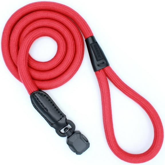 HOOZA: Magnetic Quick Clip: Rope Leash - Red, Medium - 1" x 5', Dog Outdoor Accessory, Pet Safety-Walking-Training-Control, Loop Handle, Heavy Duty