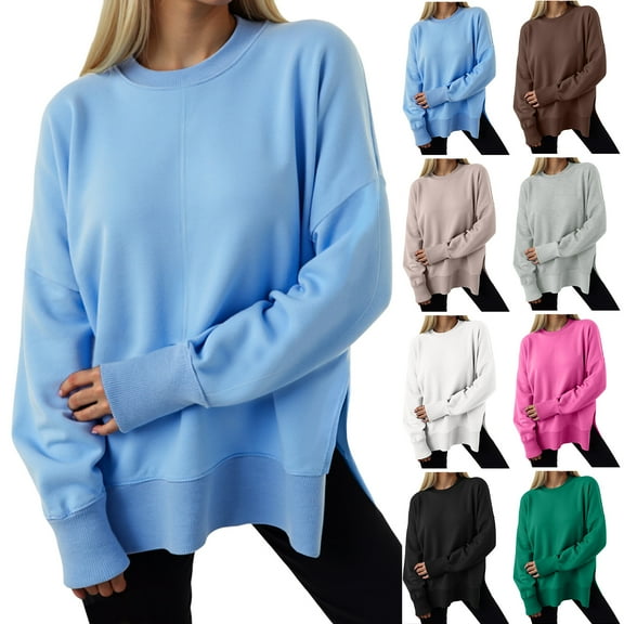 idosla Women Oversized Sweatshirts Thumbhole Long Sleeve Hoodies Shirts 2025 Fall Side Slit Pullover Top Teen Y2k Outfits (Blue, L)