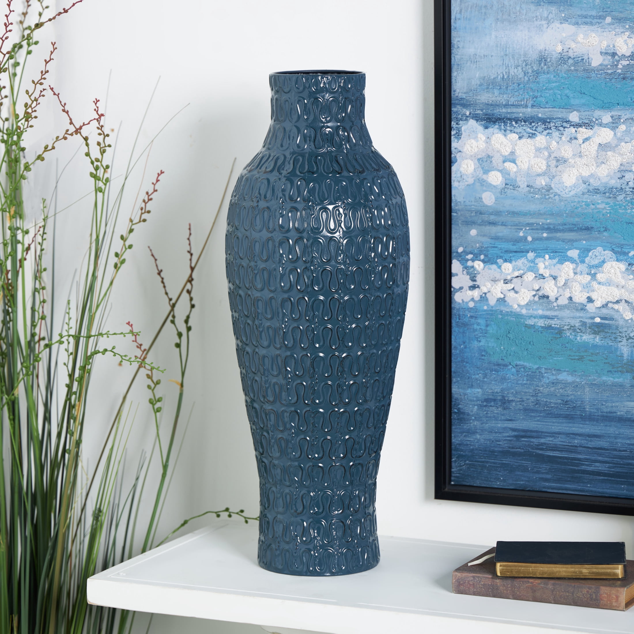 DecMode 24" Dimensional Textured Dark Blue Metal Vase with Wavy Pattern
