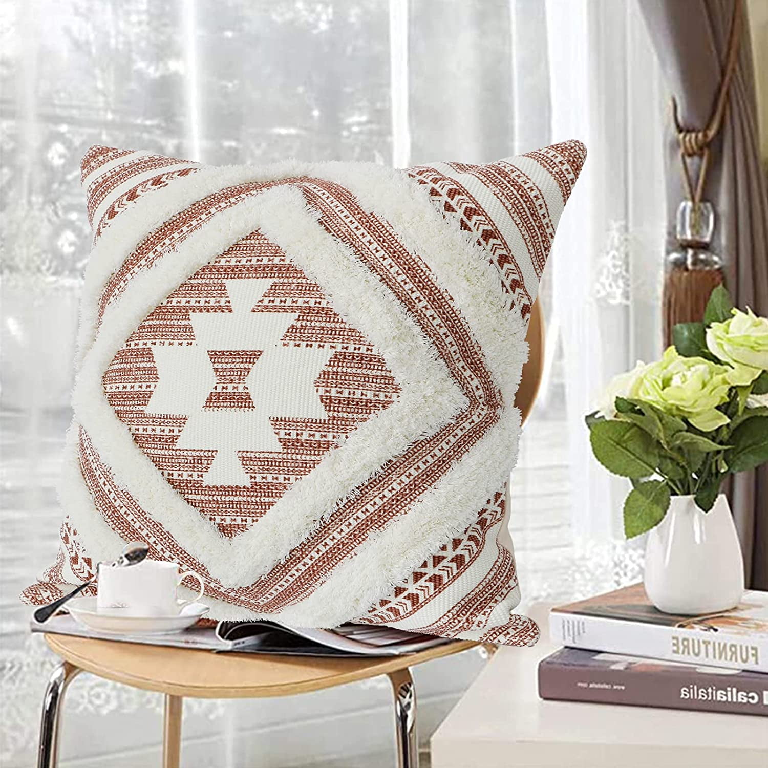 Tufted Boho Throw Pillow Covers 18X18 Inch Woven Bohemian Pillow Cases Accent Pillows for Bed Modern Tribal Textured Decorative Square Cushion Cover ONLY Ruby Red 18 u201dX18 u201d Walmart