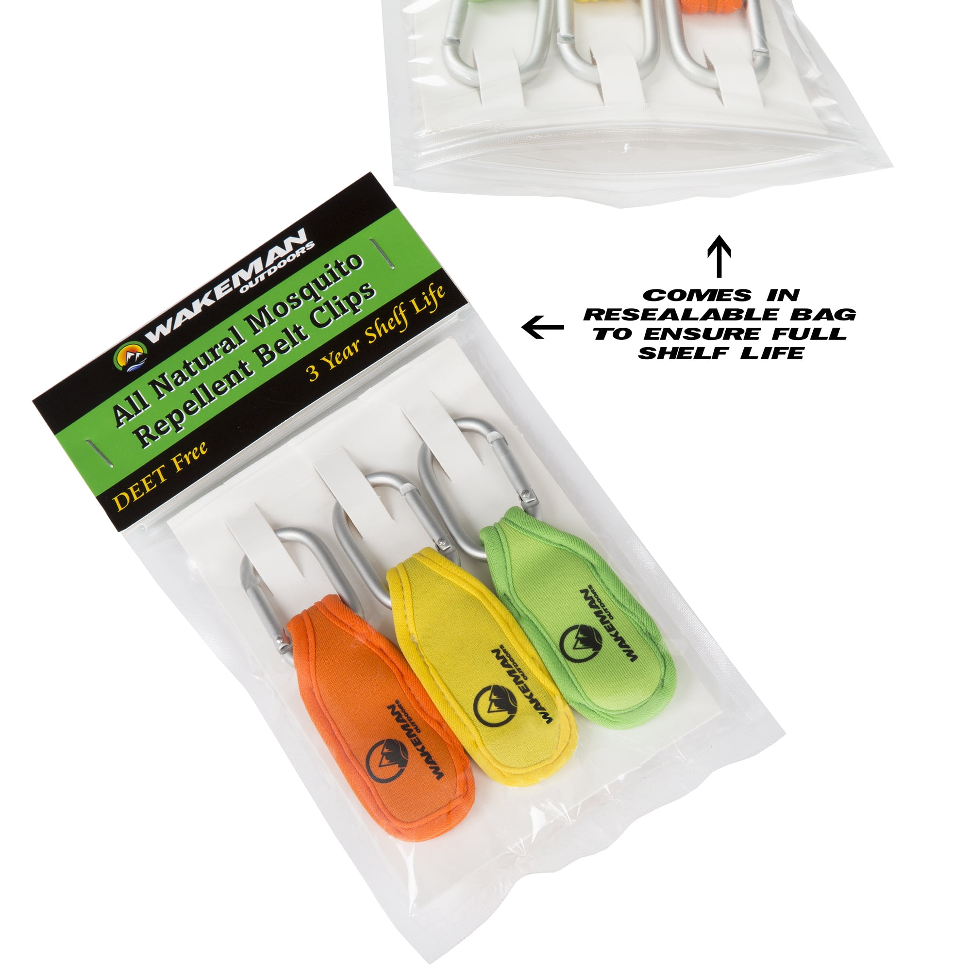 Natural Mosquito Repellent Neoprene Belt Clips - Safe, DEET Free Insect Protection, 3 Pack with 6 Refills By Wakeman Outdoors (Green, Orange, Yellow)