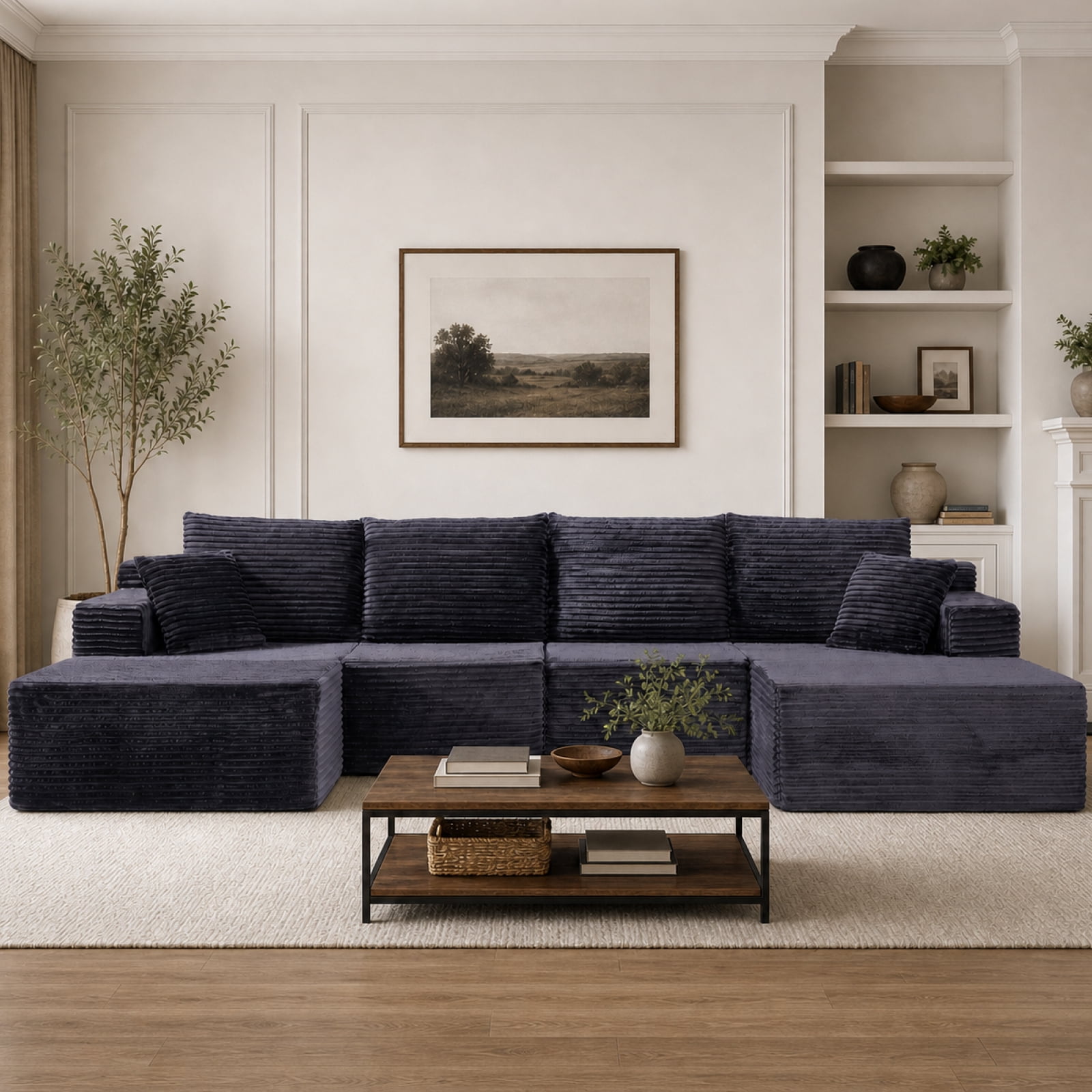 131" Oversized U Shaped Boneless Modular Sectional Sofa with 2 Ottoman and 6 Pillows