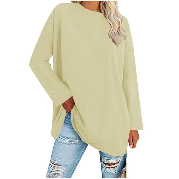 gakvbuo Plus Size Pullover Shirts For Womens Long Sleeve Fall Tops Loose Solid Color Crew Neck Oversized T-Shirts Loose Casual Tunics Blouses Tops