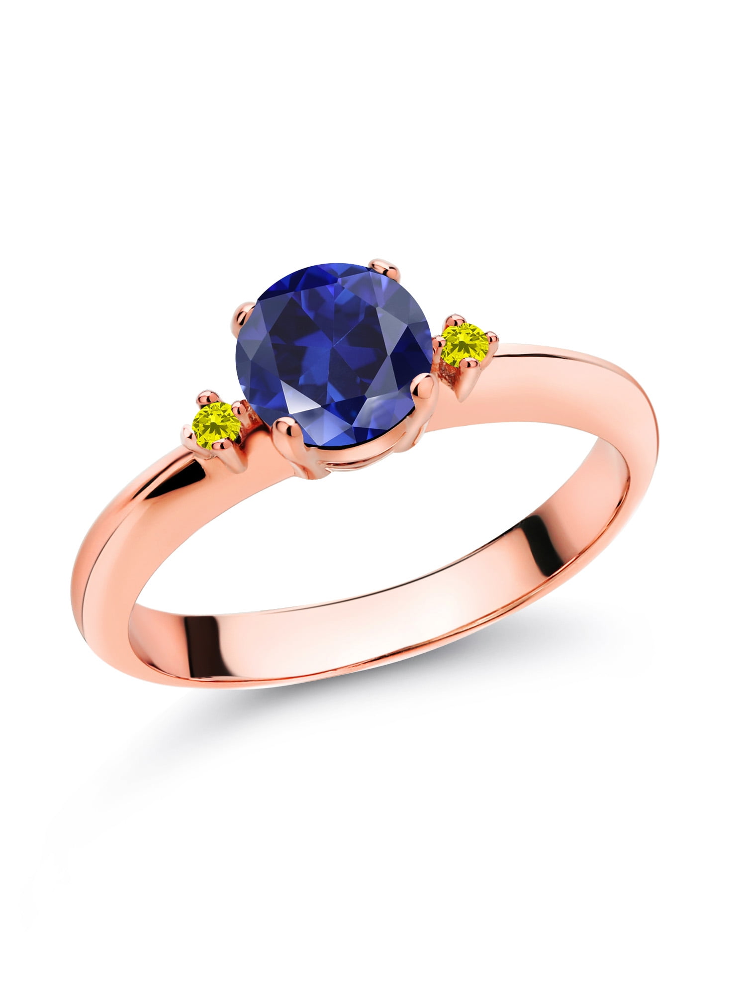 Gem Stone King 1.03 Ct Blue Created Sapphire Canary Diamond 18K Rose Gold  Plated Silver 3-Stone Engagement Ring