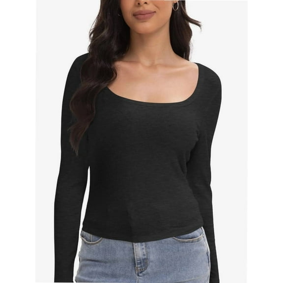 Womens Casual Long Sleeve Scoop Neck Slim Fitted Basic Top