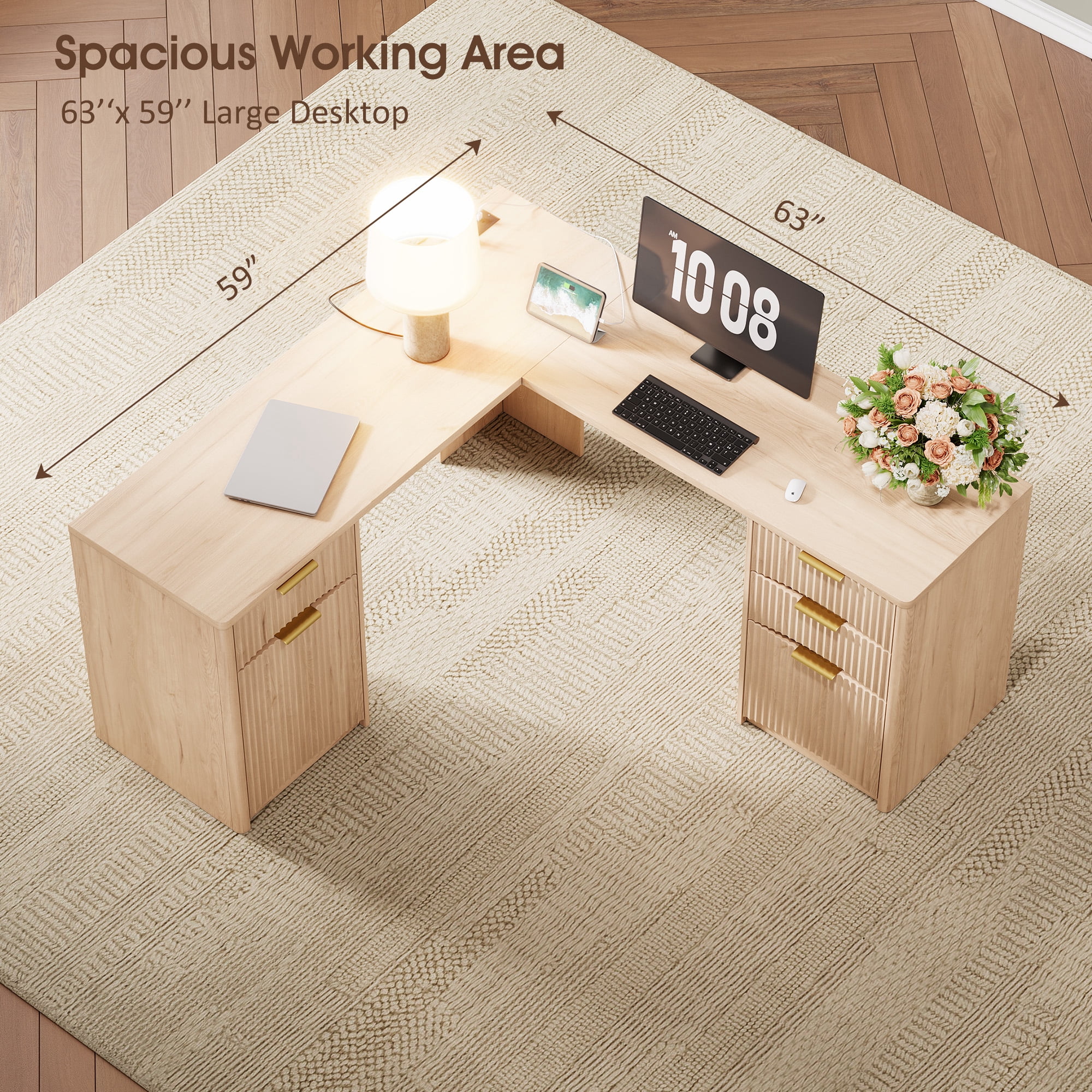 63'' Fluted L Shaped Desk with Drawers, Corner Computer Desk with Storage, Modern Executive Home Office Desk with File Cabinet and Charging Station, Natural Oak