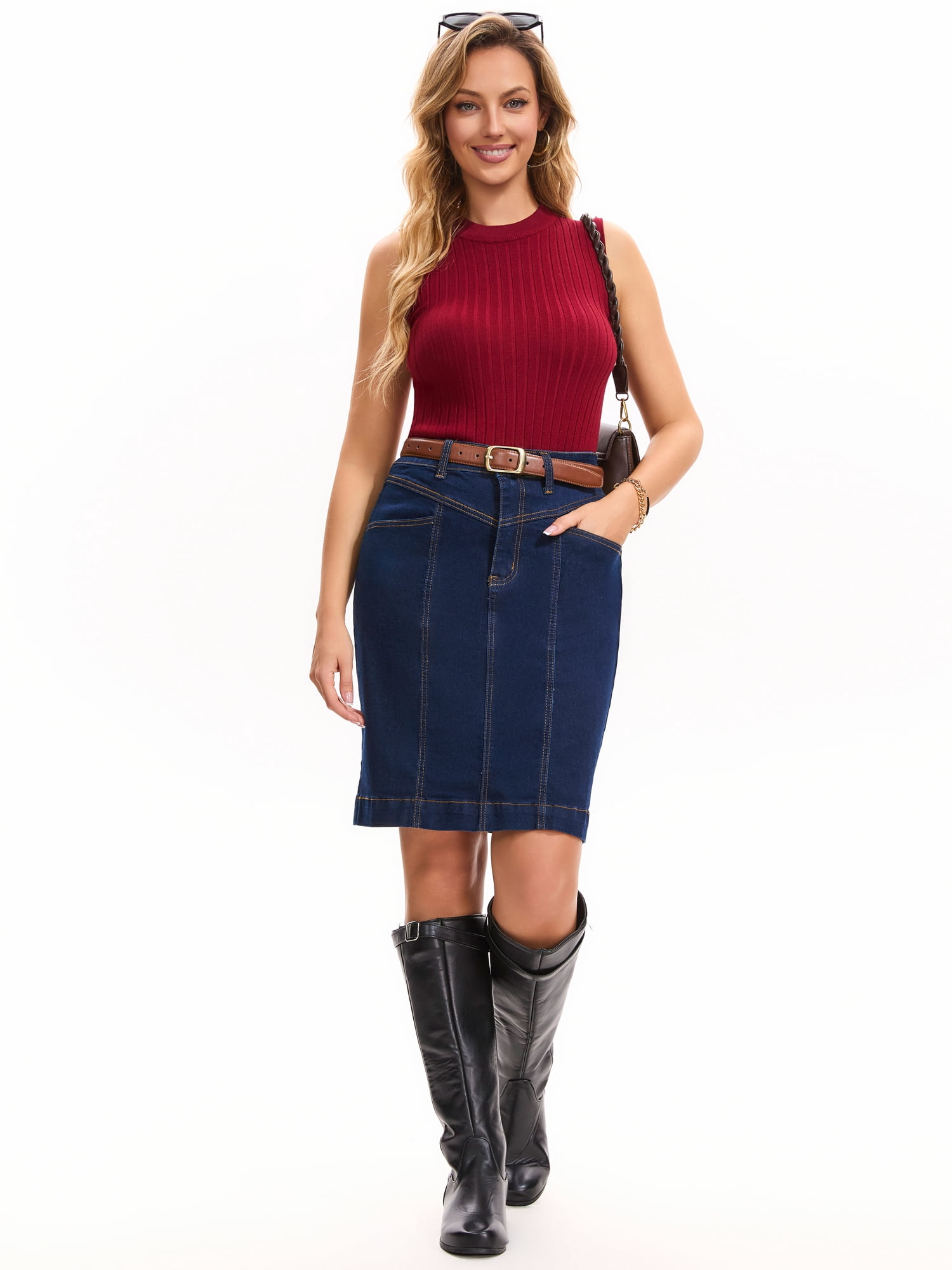 DARING DIVA Women's Denim Pencil Knee Length Stretchy Fit Skirt S Black Blue