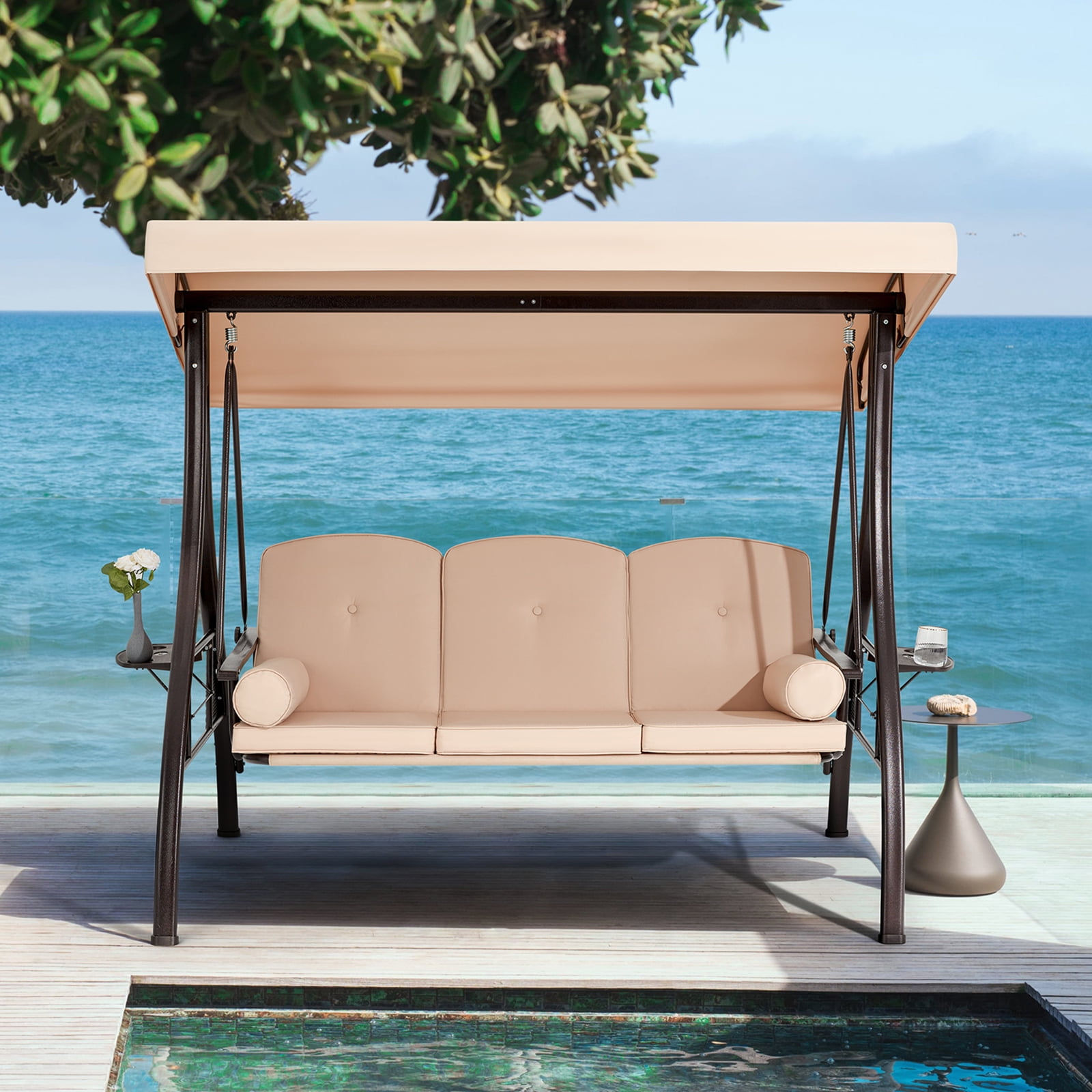 HOMREST 3-Seat Outdoor Porch Swing with Adjustable Canopy and Backrest, Patio Swing Chair with Weather Resistant Steel Frame,Comfortable Cushions for Balcony,Garden,Deck and Poolside