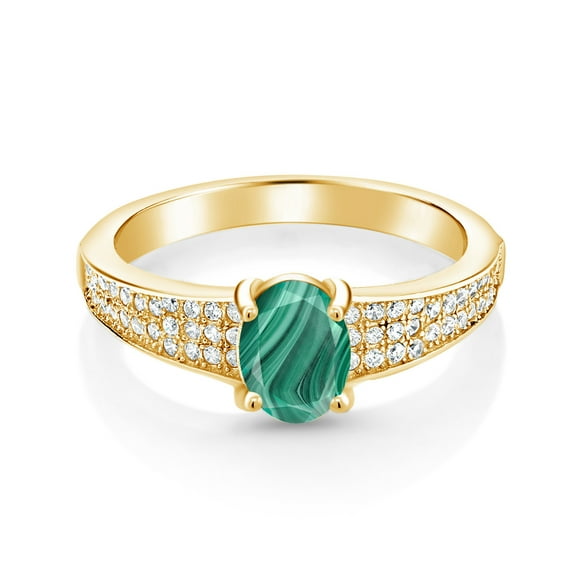 Gem Stone King 18K Yellow Gold Plated Silver Green Malachite Engagement Ring for Women (2.48 Cttw, Oval 8X6MM, Gemstone Birthstone, Size 5)