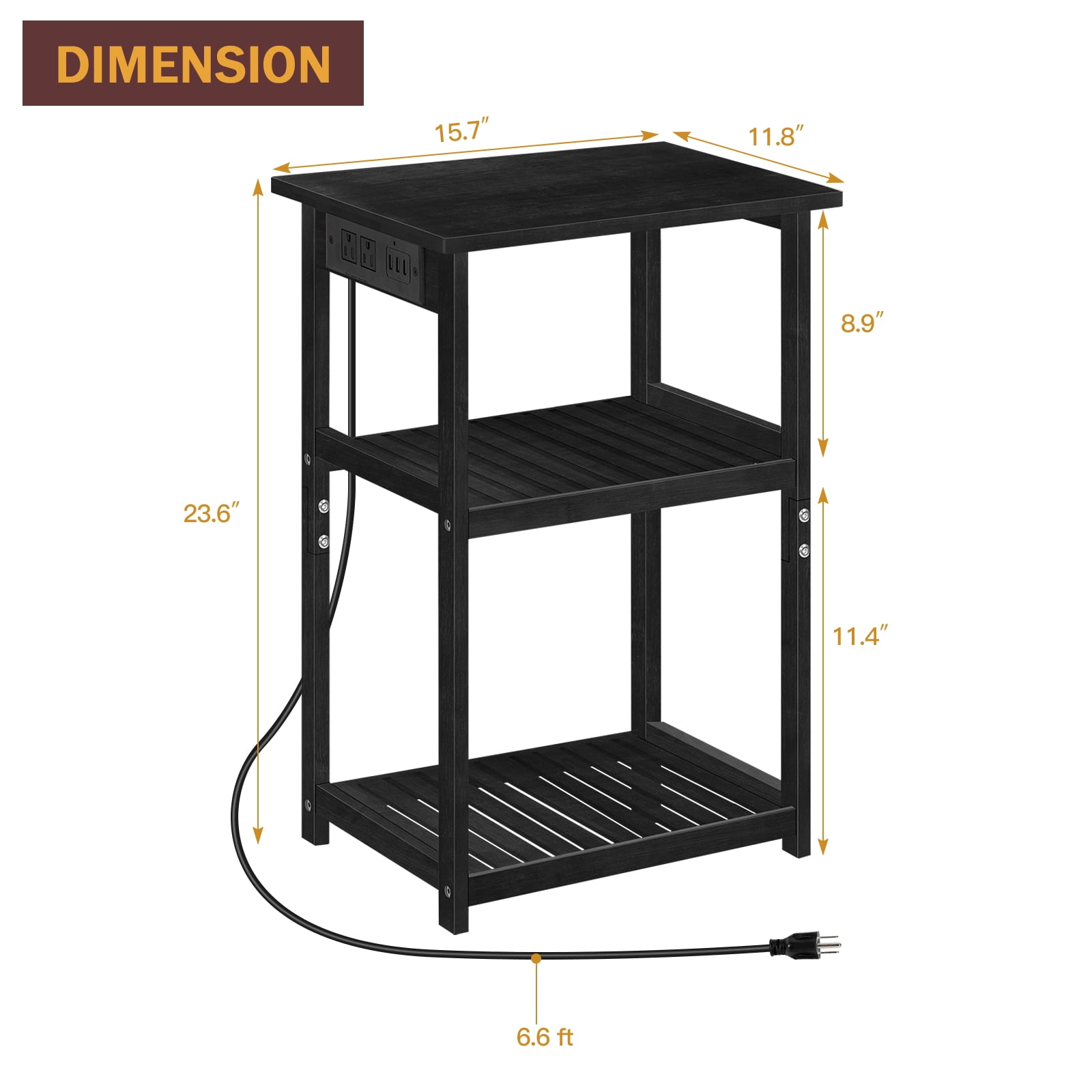 2 Pack Black Bamboo Nightstand with Charging Station, 3鈥慣ier Open Shelf End Table for Bedroom Living Room