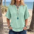 thumbnail image 7 of Womens Fringe Boho Tops Casual Cotton Linen Distressed V Neck Shirts Short Sleeve Gauze Blouses Raw Edge Hem Mint Green S, 7 of 7