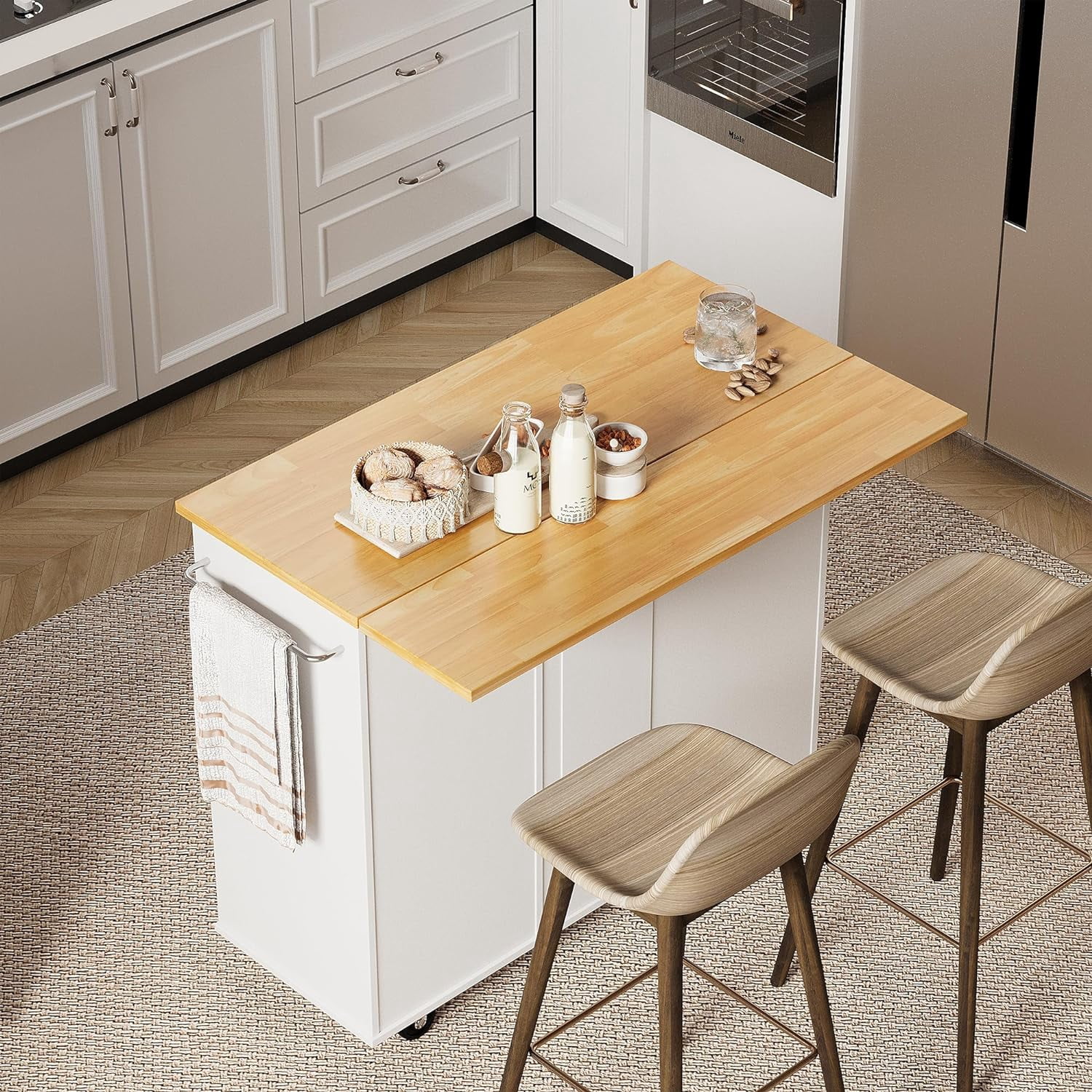 Sobaniilo Rolling Kitchen Island Cart with Folding Drop Leaf Breakfast Bar, Portable Trolley Island with Large Storage Cabinet, Shelf and Drawer, White