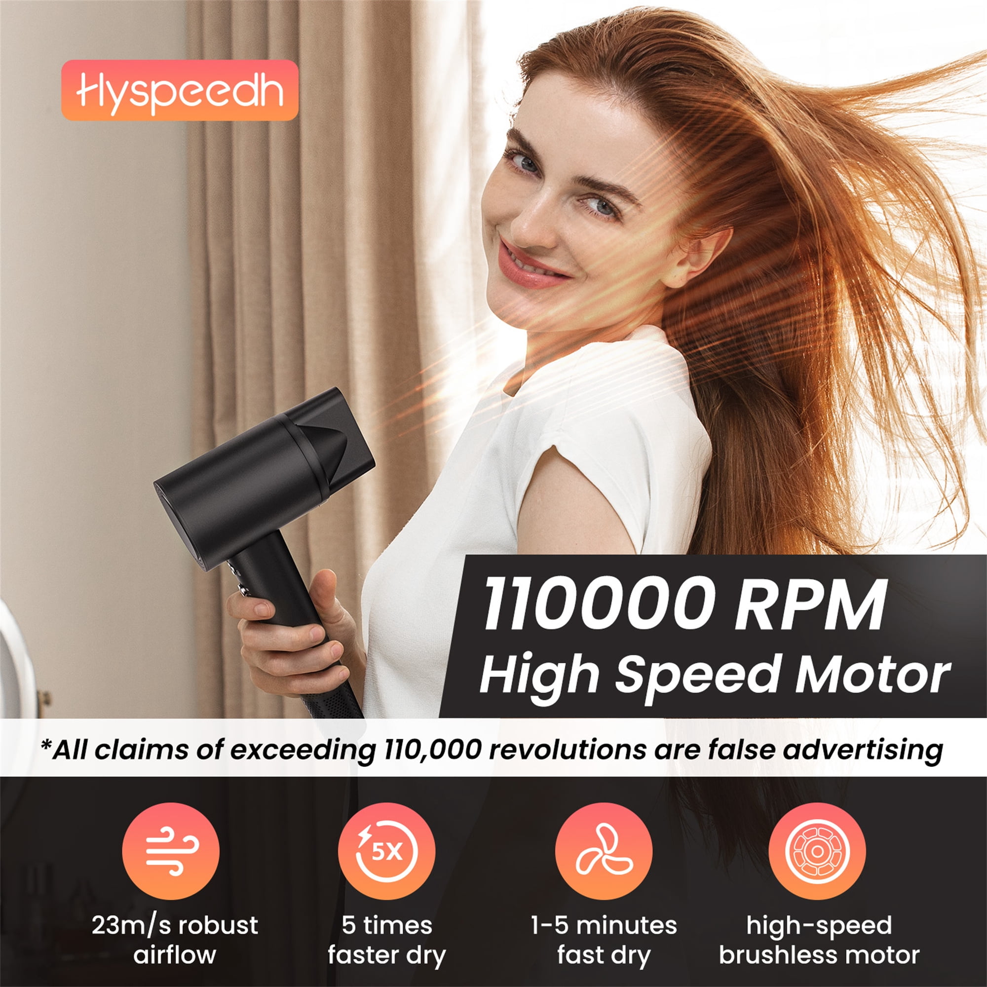 Hyspeedh H1 Hair Dryer, 1400W Professional Advanced Plasma Ionic Blow Dryer, 1-5 Min Fast Dry, 3 Heat / 2 Speed, Magnetic Nozzle, Low Noise, Dark Gray
