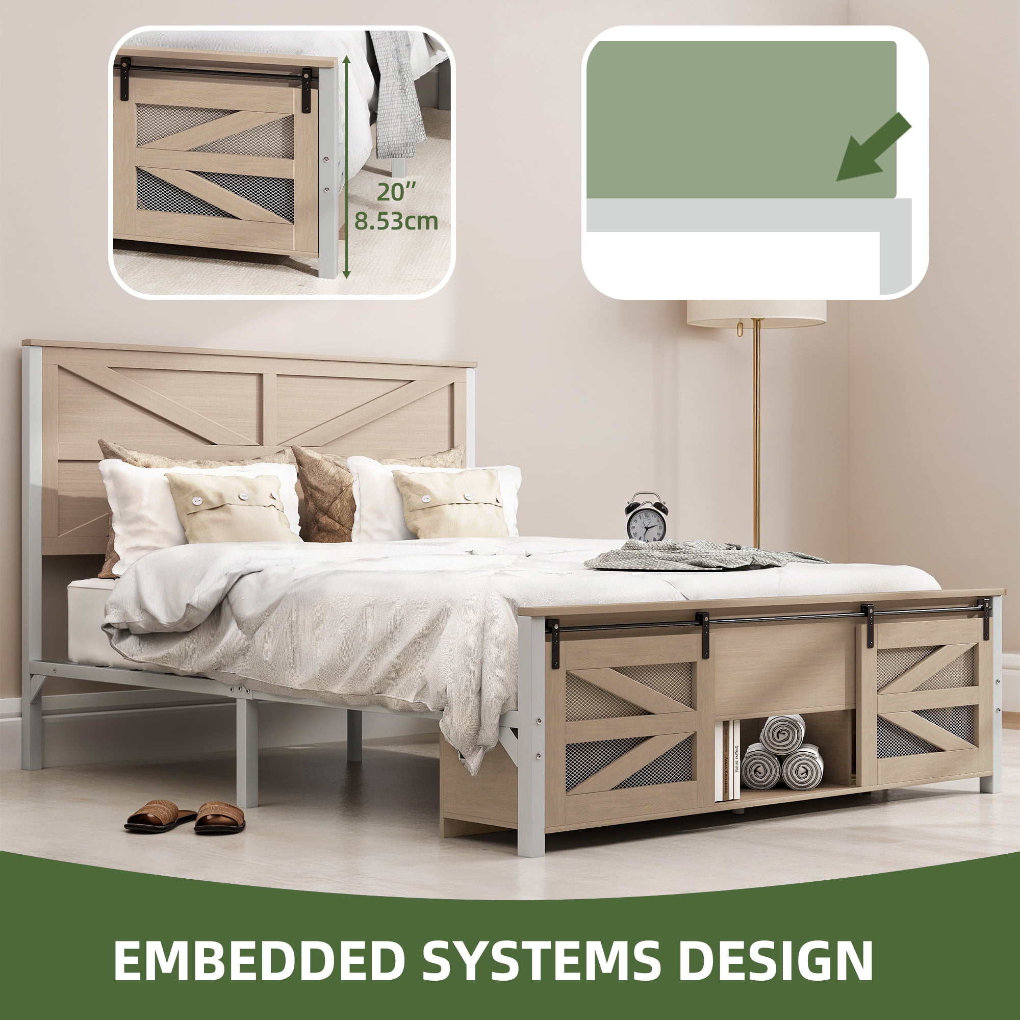 Uforic Bed End Barn Door Queen Size Bed Frame with Headboar Storage, Steel Mesh Door & Sturdy Construction, Oak