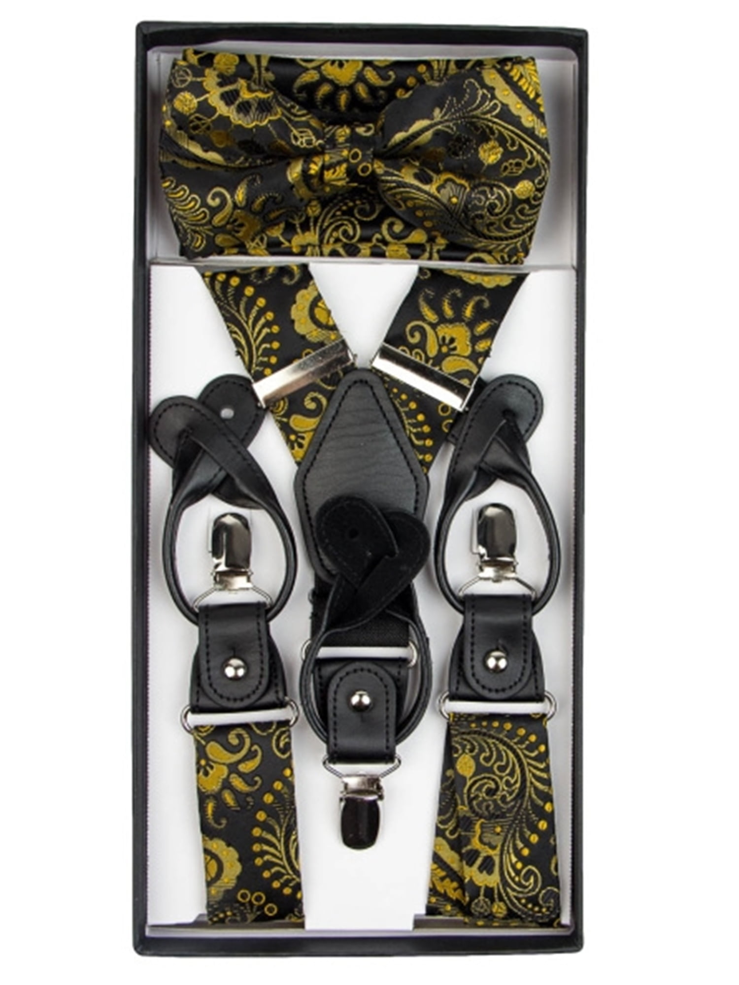 The Dapper Tie Men's Black & Gold Paisley Convertible Suspenders, Bow