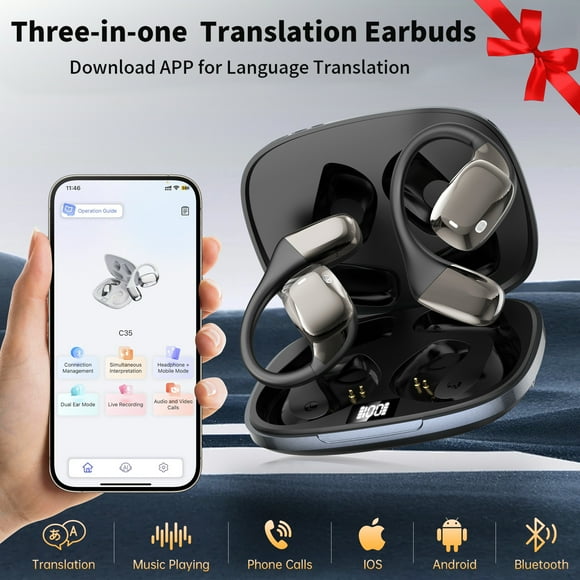 AI Language Translation Audífonos, Audífonos Traductores 3 en 1 en Tiempo Real para 144 Idiomas, Dispositivo Traductor Inalámbrico de Audífonos Bluetooth con Aplicación para iOS y Android, Ideal para Viajes, Regalos de Negocios