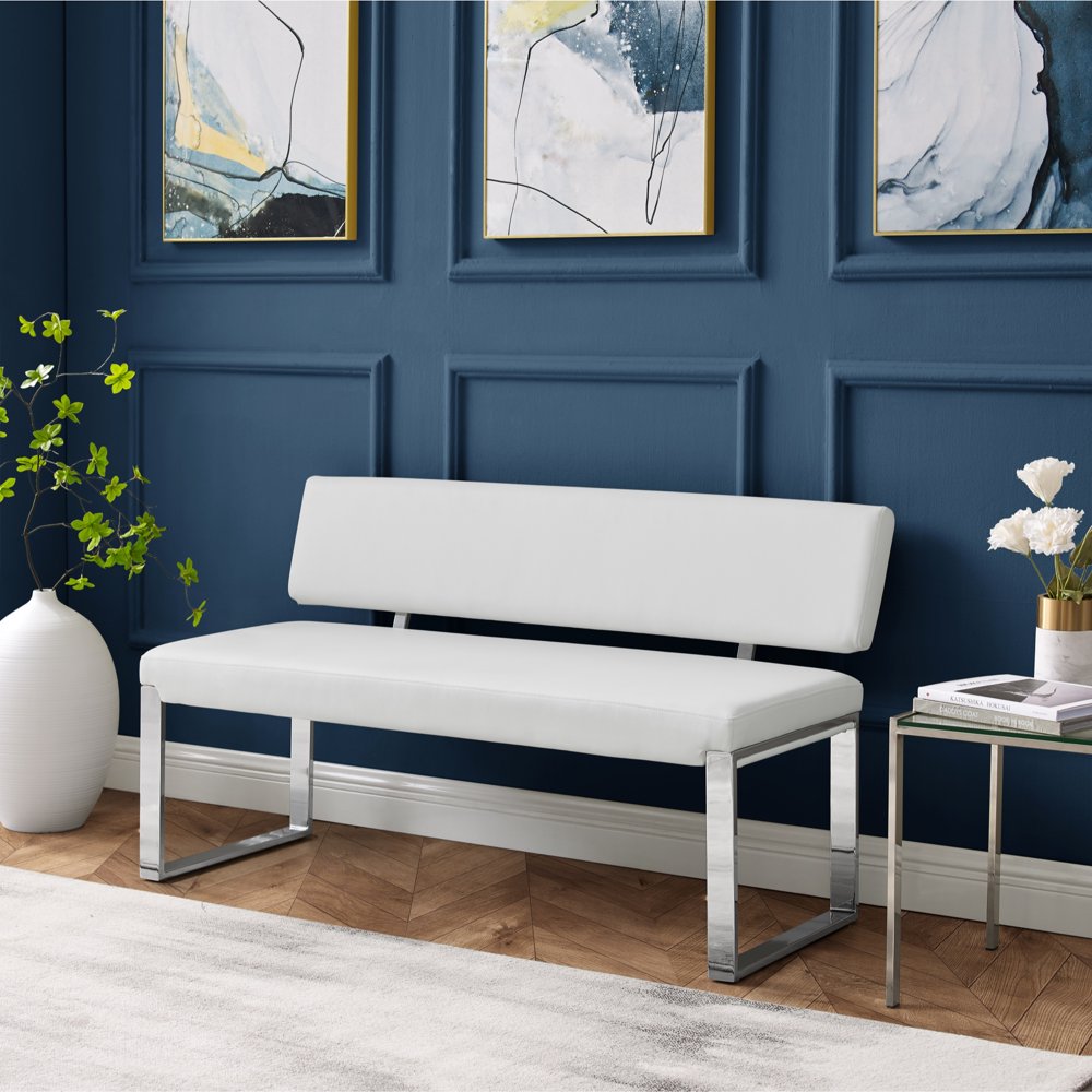 Inspired Home Izaiah Leather PU Bench Upholstered Chrome Legs, White