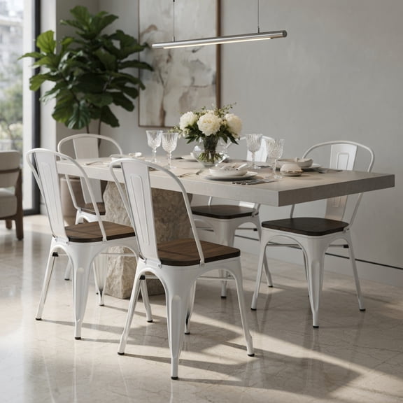 GVN 4 Pieces Tolix Style Metal Dining Side Chair Stackable Wood Seat-White, Dining Room Chairs, Lounge Chair for Kitchen, Dining, Bedroom, Living