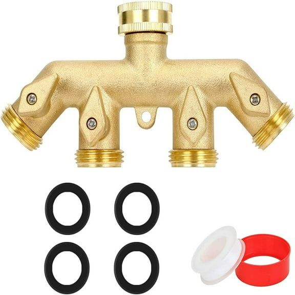 LEEYNEER 4 Way Heavy Duty Garden Hose Splitters Solid Brass 4-Way Water Hose Splitter Outdoor Faucet Spigot Connector 4 Valve Garden Tap Hose Adaptor with 4 Hose Washers