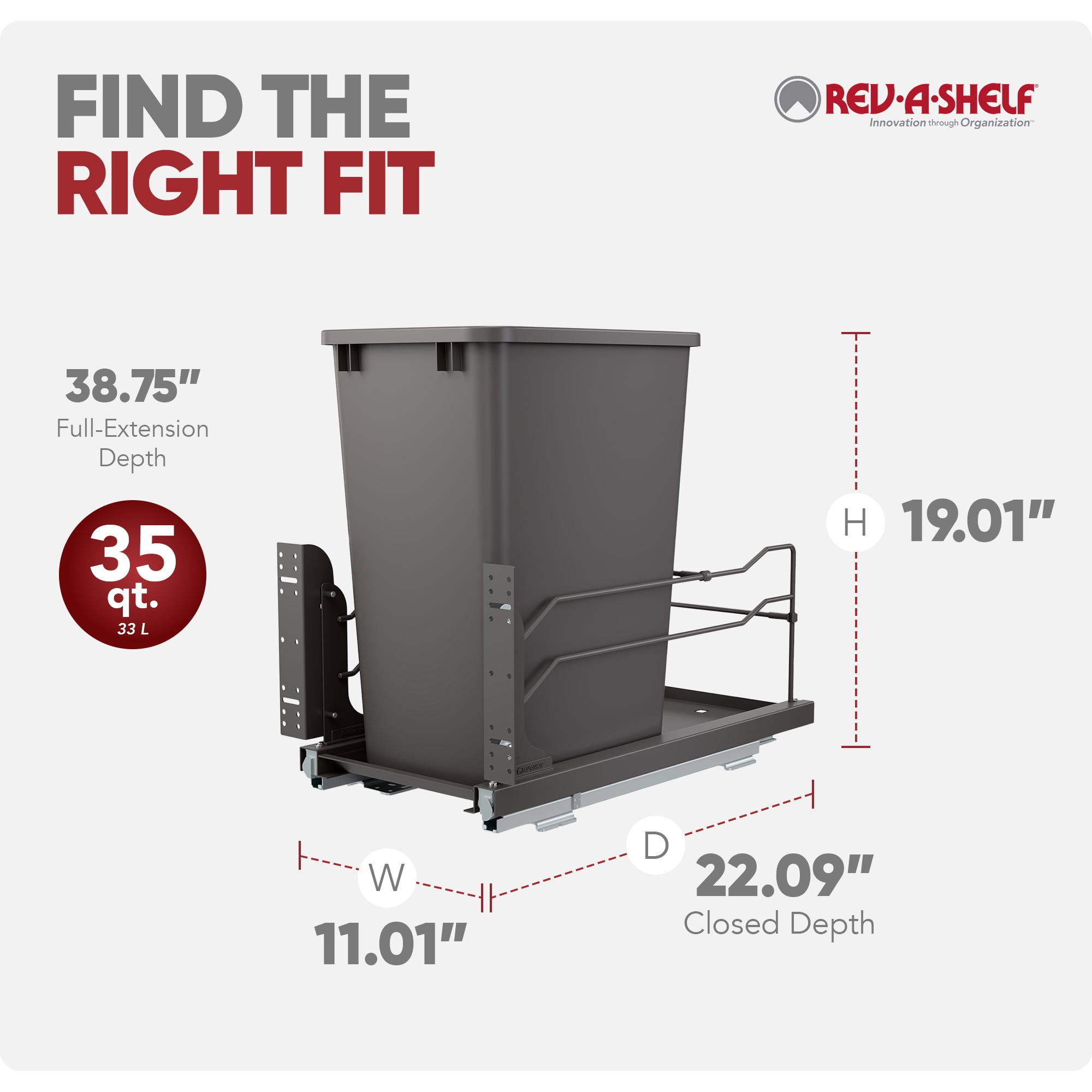 Rev-A-Shelf 53WC-1535SCDM-113 35 Qt Pullout Waste Container Trashcan, Gray