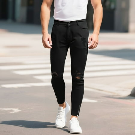 MHFRRA Men Jeans Men s Casual Style Ripped Stretch Zip Calf Jeans Rip Trousers Size XXXL