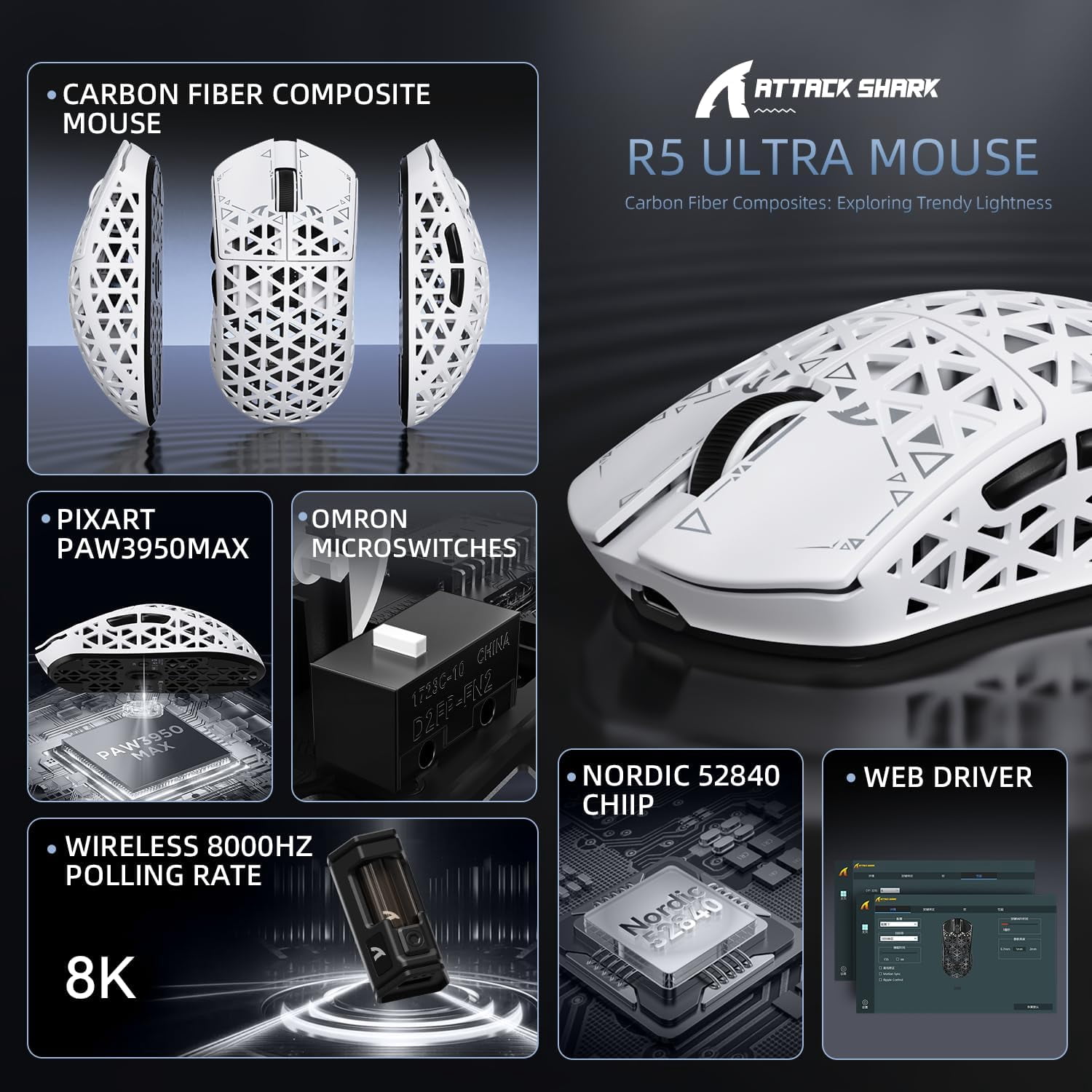 ATTACK SHARK R5 Ultra Carbon Fiber Wireless 8K Gaming Mouse 39g SUPERLIGHT, PixArt PAW3950MAX Gaming Sensor, 8000Hz Wireless Polling Rate, MCU Nordic 52840, DPI up to 42000, BT/2.4G Wireless/Wired