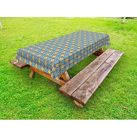 Victorian Trellis - Trellis Outdoor Tablecloth, Victorian Baroque Ancient Pattern in Vibrant Colors Aged Dated Design, Decorative Washable Fabric Picnic Tablecloth, 58 X 104 Inches, Purple Yellow Sky Blue, by Ambesonne
