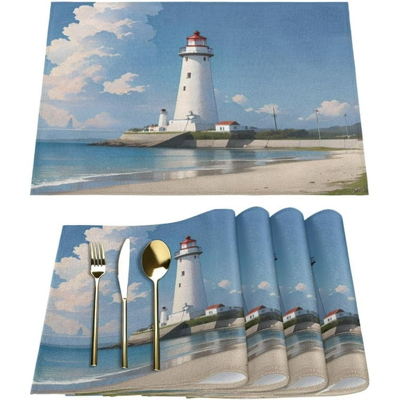 Seaside Lighthouse Placemats Set of 4 Washable Kitchen Dining Table Mats 12 x 18 Inch Modern Cloth Place Mats Non-Slip Heat Resistant Placemats for Home Farmhouse Kitchen Dinner Party Decor