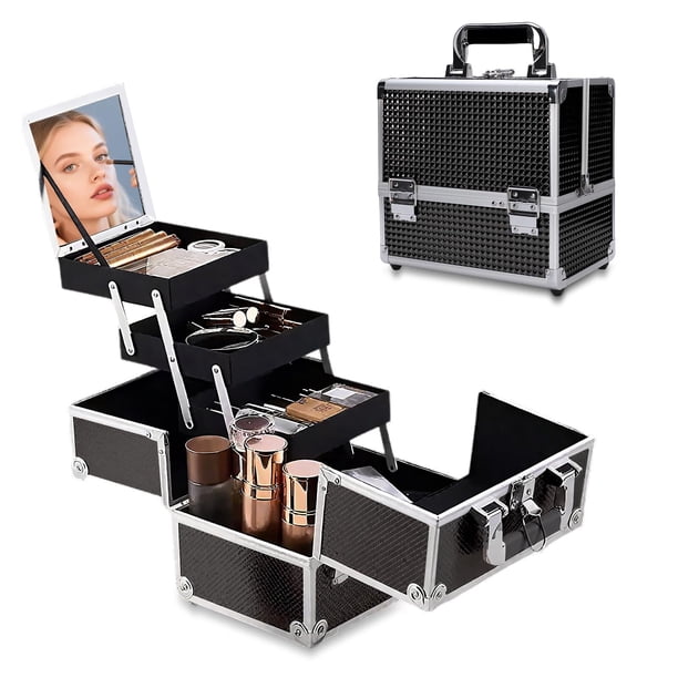 Maletin para Maquillaje, Estuche de Maquillaje Profesional con 3 Bandejas y Espejo, Caja de Maquillaje Portátil con Cerradura, Aluminio Caja para Maquillaje Ideal Para Viajes y Cosmetiquera (Negro)