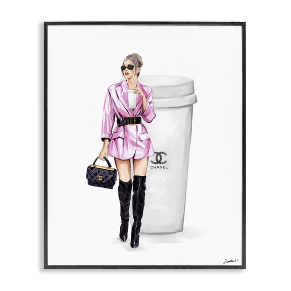 Stupell Industries Modern Trendy Girl with Coffee Black Framed Giclee Art, 11 x 14, by Ziwei Li