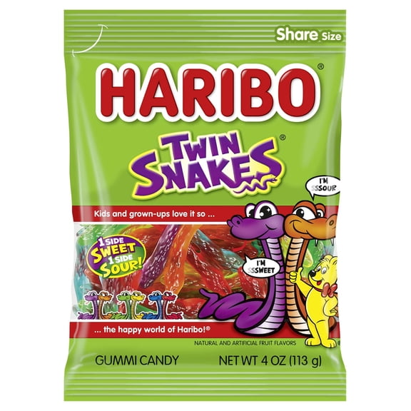 HARIBO Twin Snakes Gummies Original Sweet and Sour Assorted Fruit Flavor Gummy Candy, 4 oz, Share Size Peg Bag