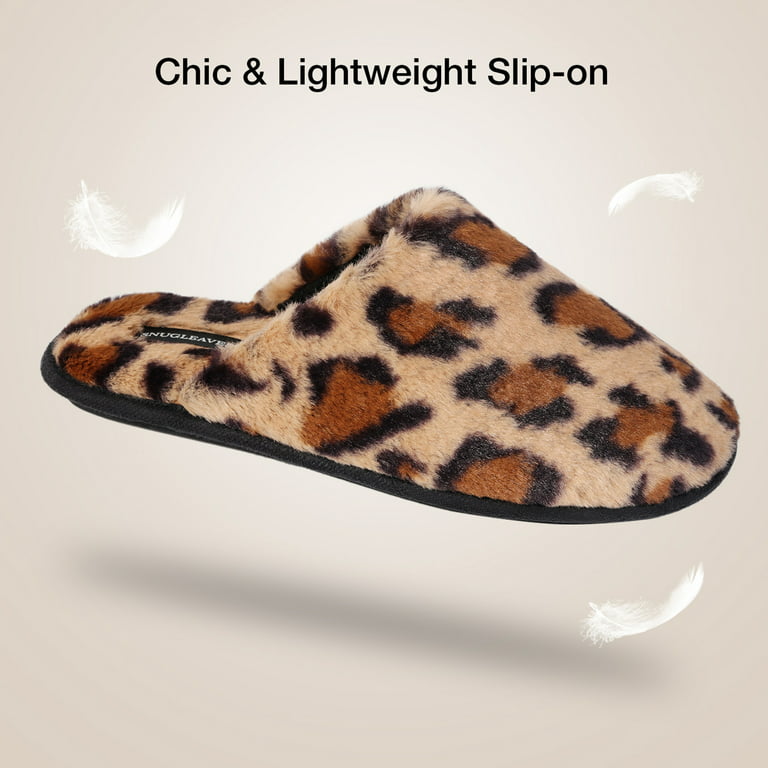 Snug Leaves Women's Fuzzy House Memory Foam Slippers Cute Furry Leopard Print Faux Lined Closed Toe Indoor Slides Bedroom Slip On Shoes - Walmart.com