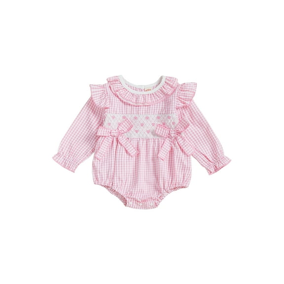 Miaouyo Infant Baby Girls Fall Romper 0 3 6 9 12 18 Months Plaid Print Bow Embroidery Long Sleeve Ruffled Round Neck Jumpsuit