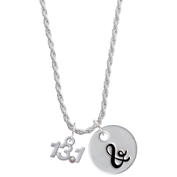 Delight Jewelry Silvertone Half Marathon - 13.1 with Clear AB Crystal Silvertone Script Initial Disc - & - Charm Necklace, 20"+3"