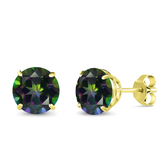 Gem Stone King 10K Yellow Gold Green Mystic Topaz Stud Earrings for Women Men (2.60 Cttw, Gemstone Birthstone, Round 7MM)