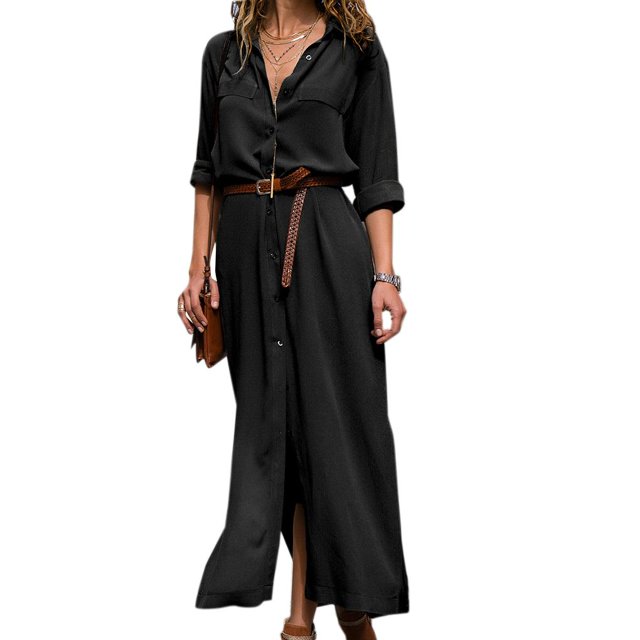 Vestido maxi de mujer sólido con escote en V profundo Vestido de manga larga con cordones divididos en otoño para niña Noticed FS9538-10
