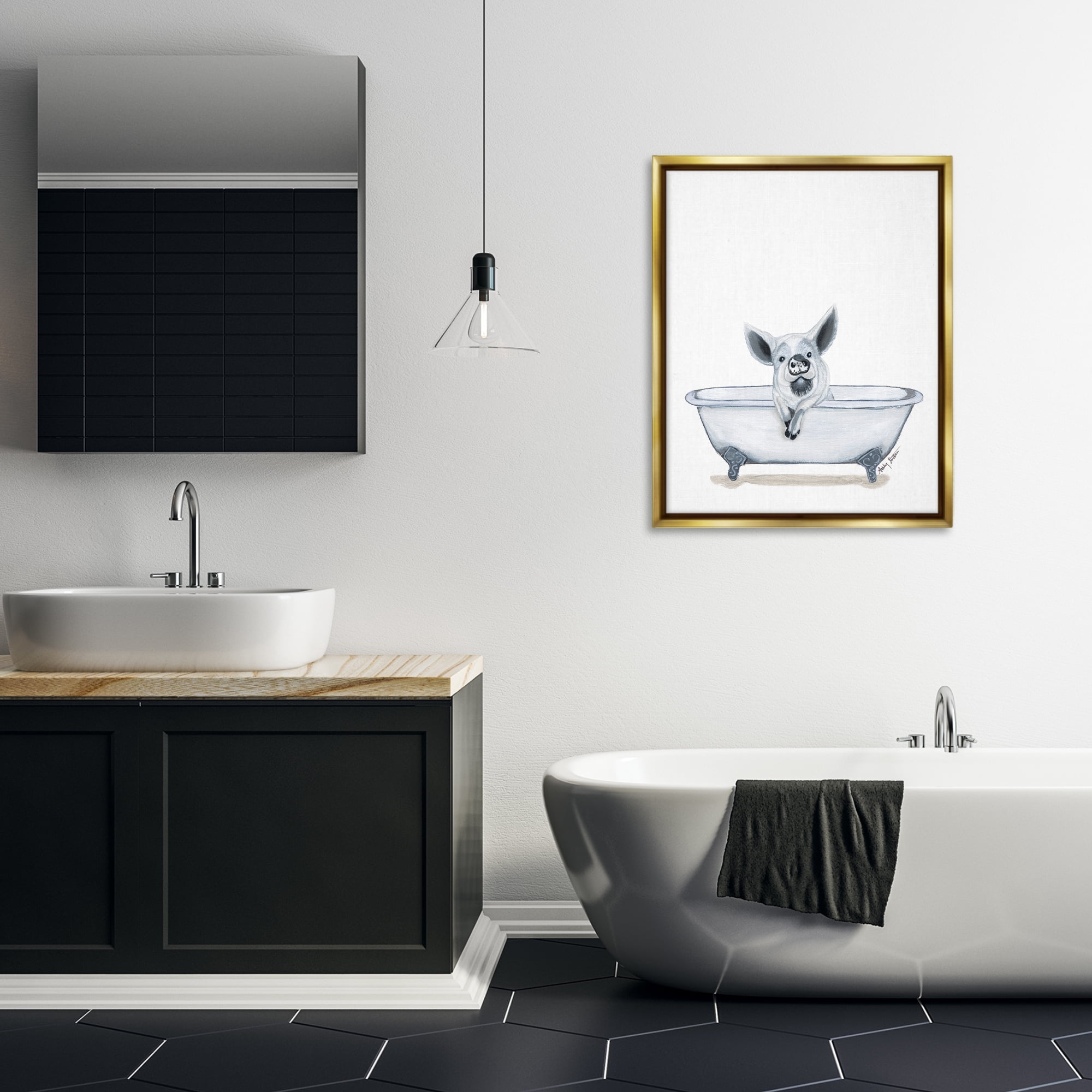 Stupell Industries Pig in Tub Sketch Bath & Laundry Painting Gold Floater Framed Canvas Art Print Wall Art, 25 x 31