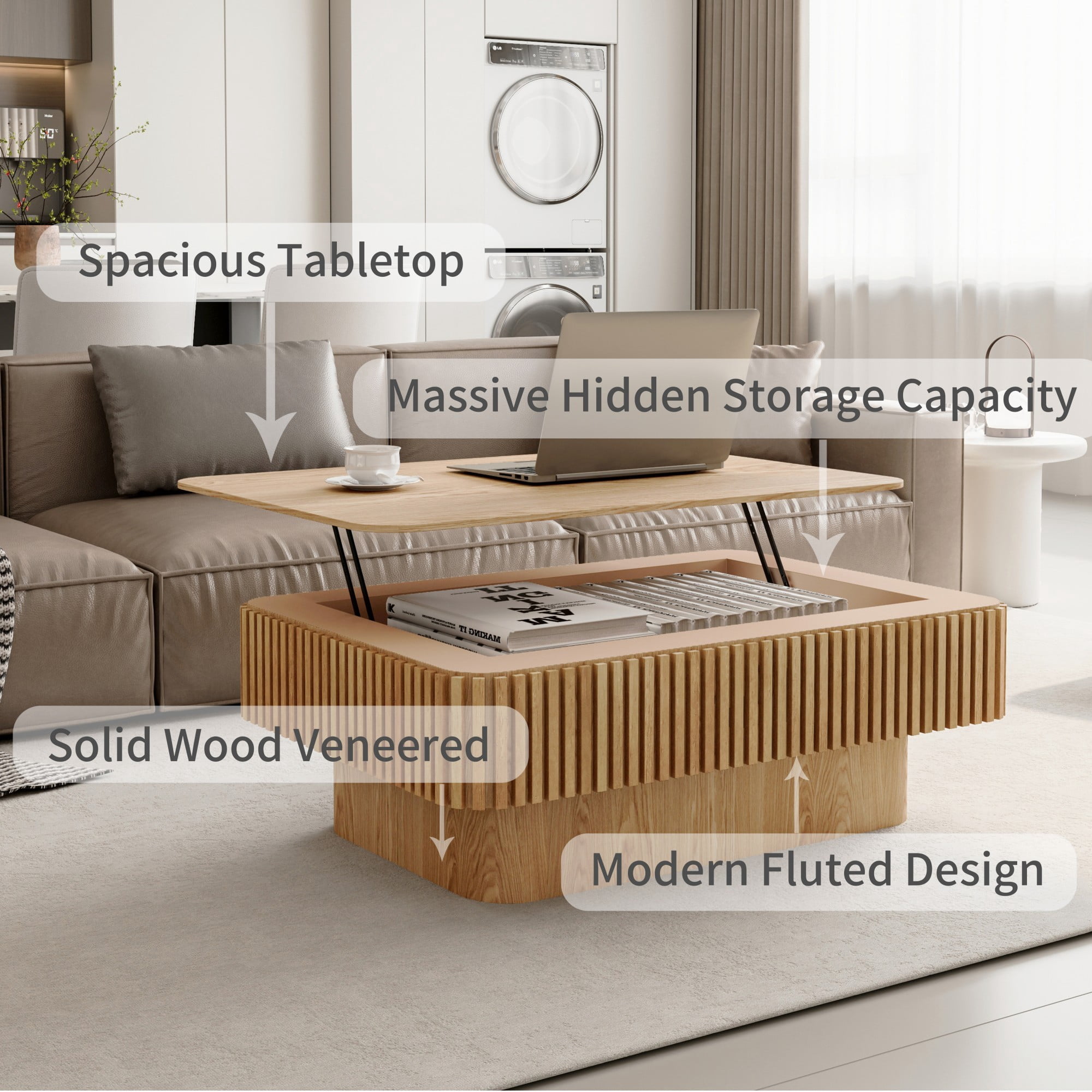 Lift Top Coffee Table with Storage, 38.6" Fluted Coffee Table with Adjustable Height, Modern Wood Veneer Center Table for Living Room, Natural