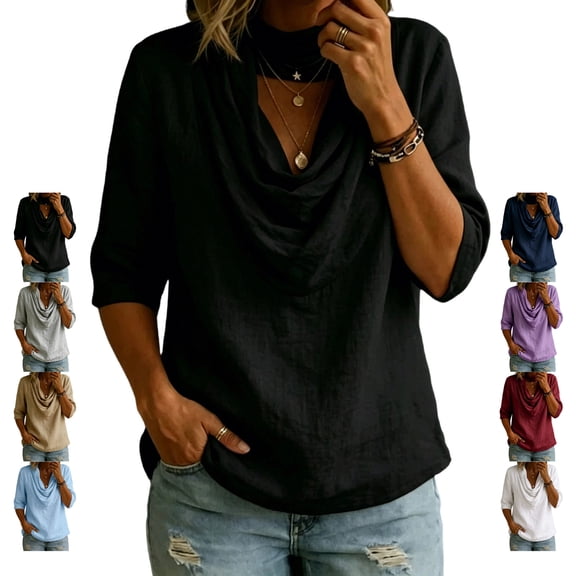 TGSLY Draped Cowl Neck Tops for Women Loose Dressy Casual 3/4 Sleeve Solid Color T-Shirts Lightweight Thin Business Cotton Blouses S