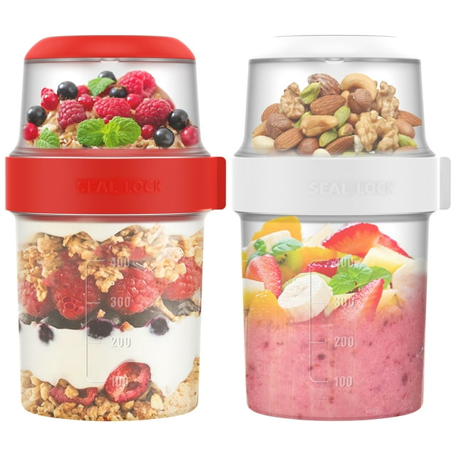 Grusce 2 Pack On The Go 19 oz Breakfast Cups with Lids, Reusable Cereal Yogurt Cup with Topping Plastic Milk Jar Overnight Oats Container for Granola Oatmeal To Take Along