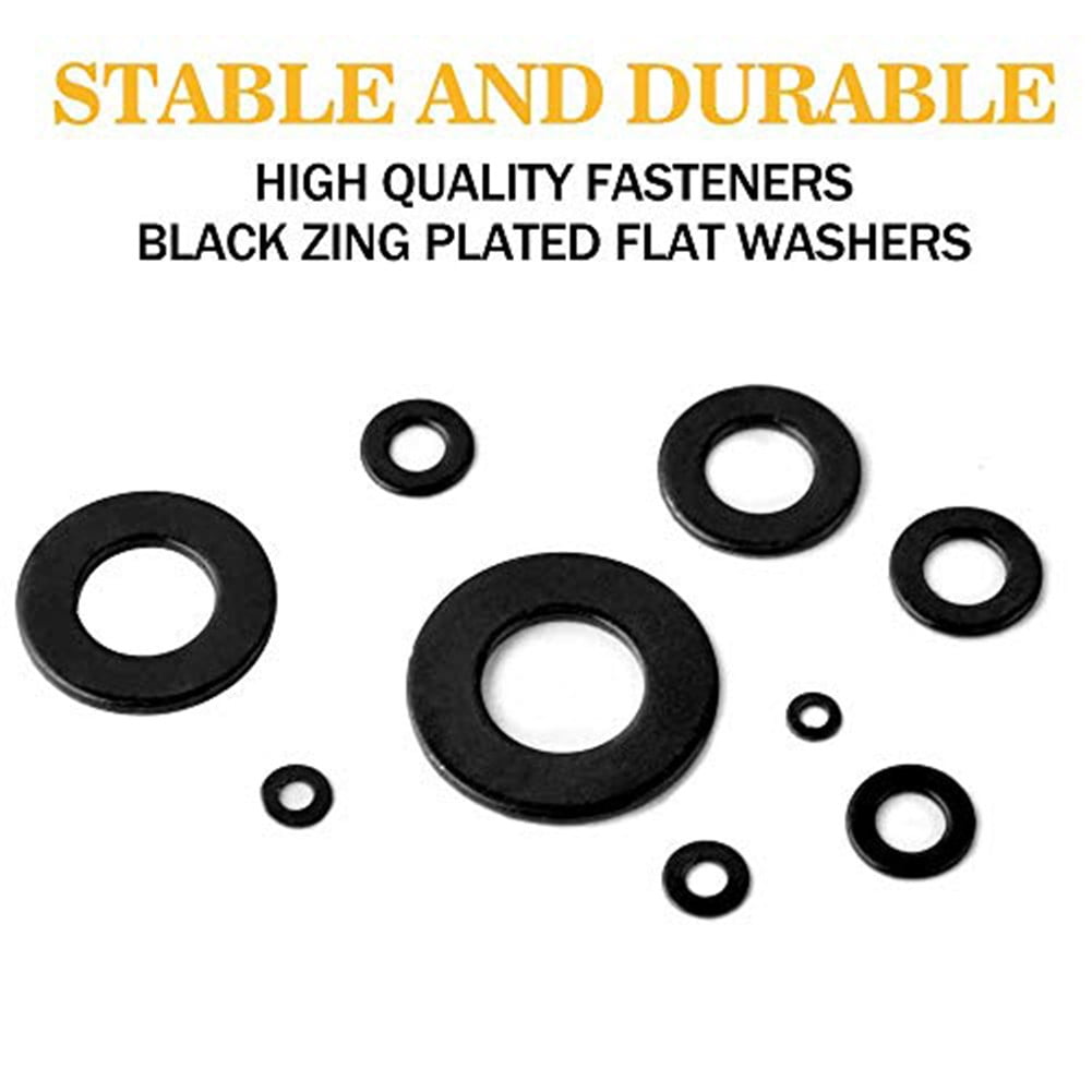 Assorted Flat Washers Set 684Pcs-9 Sizes Black Zinc Plated Alloy Steel Washers