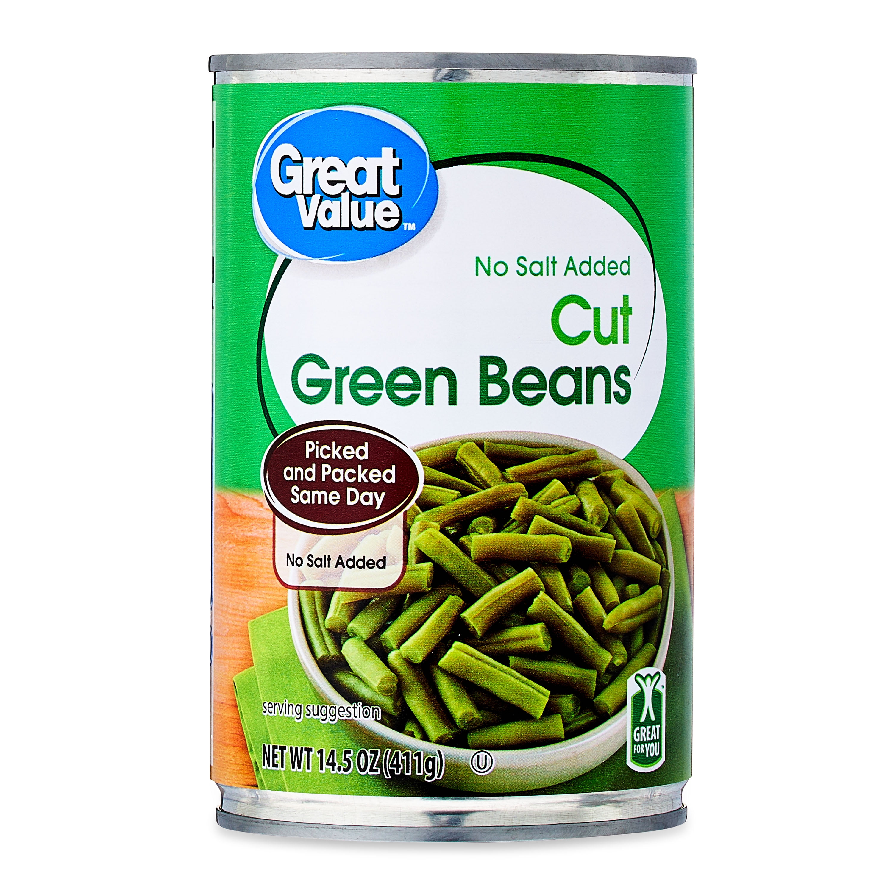 Great Value No Salt Added Cut Green Beans, 14.5 oz
