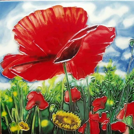 Continental Art Center Red Poppy Blue Background Tile Wall Decor