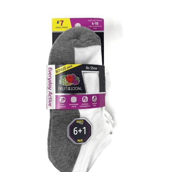Fruit Of The Loom Womens Everyday Active 7 Pack No Show Socks, 4-10
