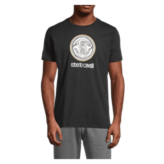 Roberto Cavalli Men's Snake Medallion Logo Short Sleeve Grafic Tee, Navy, Md