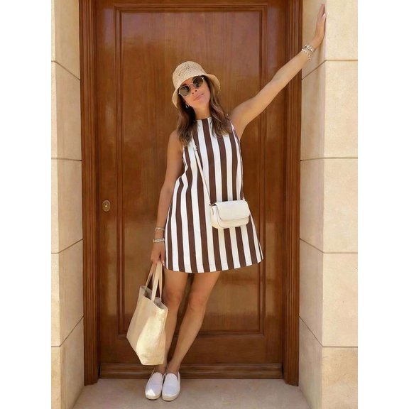 Womens Sleeveless A-Line Mini Dress In Coffee Brown Contrast Stripes, Round Neck, Zipper Back, Casual Summer Style