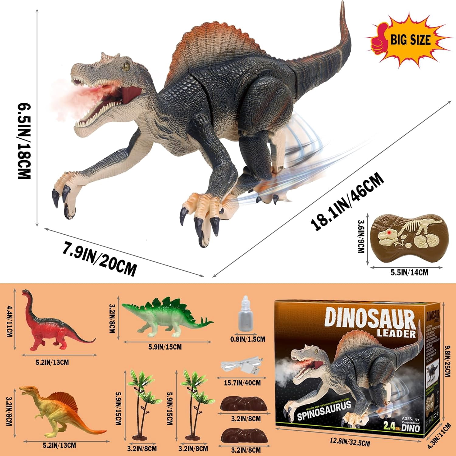 Remote Control Dinosaur Toys for Boys Electronic RC Spray Raptor Toy 2.4Ghz Walking Roaring Jurassic Spinosaurus Realistic 18.1" Dino Rechargeable Birthday Gift for Kids 3 4 5 6 7 8